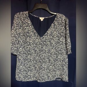J. Crew Navy and White Leaf Print Blouse